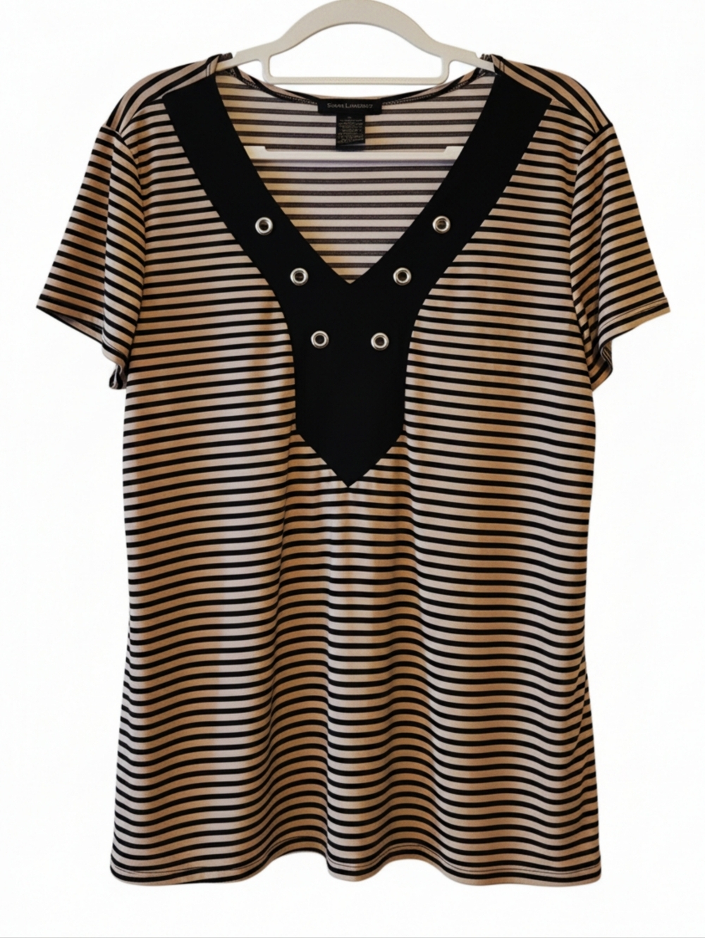 SUMMER SALE! Striped V-Neck Top with Eyelet Detail - Black & Tan